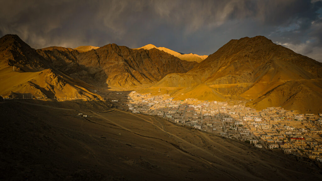 A landscape view of the Leh City during sunset.
